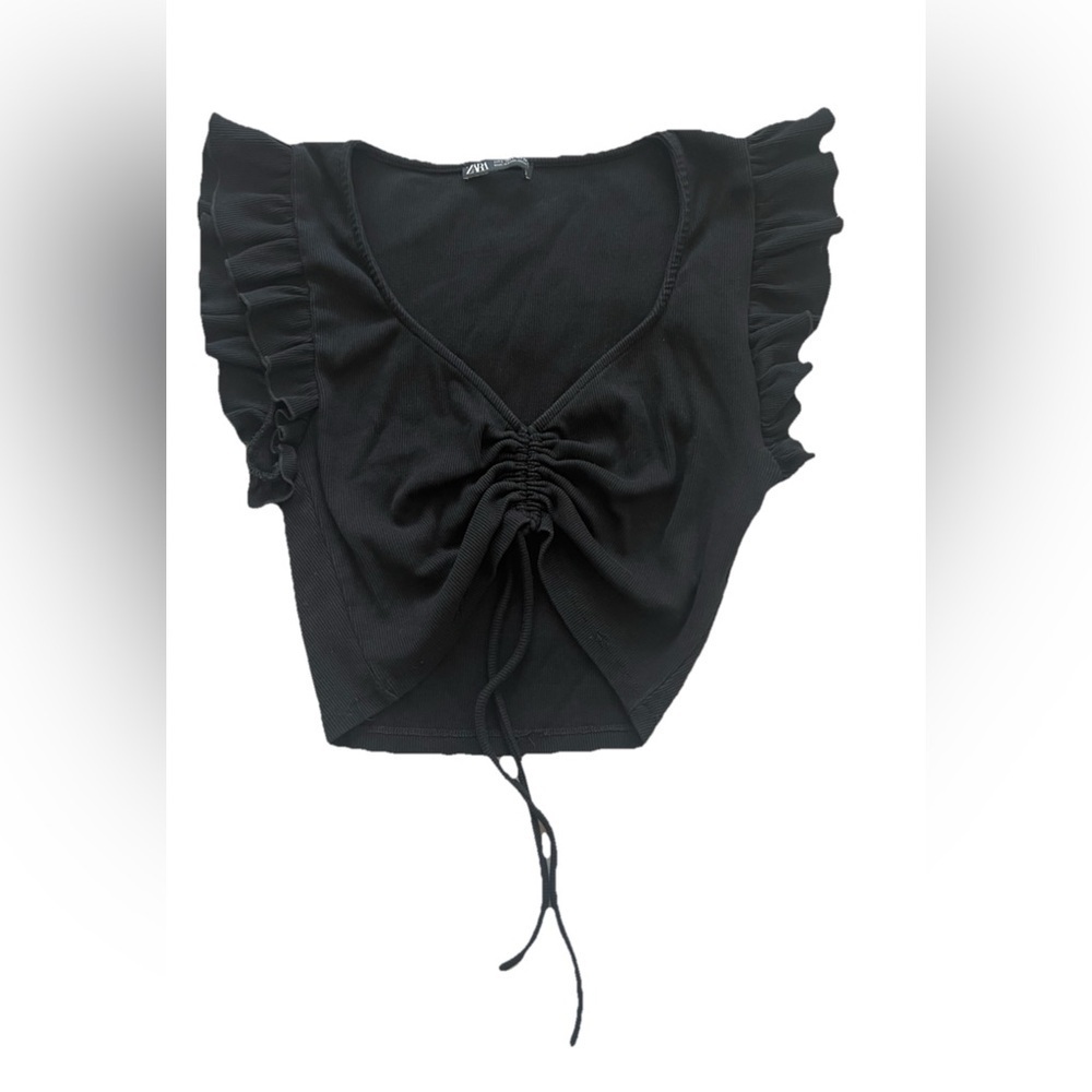 Zara Black V-Neck Ruffled Cap Sleeve Crop Top (0697)